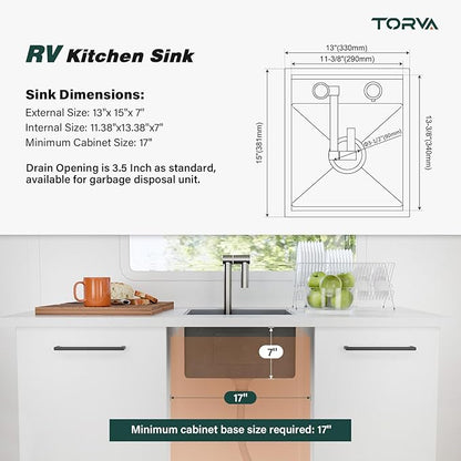 TORVA RV Kitchen Sink, 13 x 15 x 7 Inch Undermount Bar Sink 16 Gauge Stainless Steel Single Bowl Sink with Foldable Faucet Cutting Board, Grey