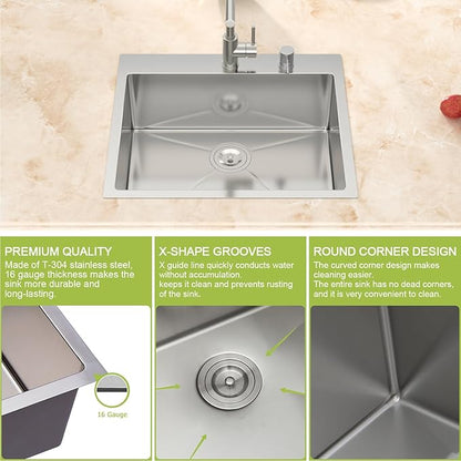 25 Inch Stainless Drop in Kitchen Sink - 25" x 22" Kitchen Sink Drop in Stainless Steel 16 Gauge 9" Deep Single Bowl Sink Basin RV Bar