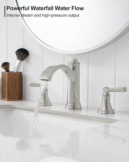 Brass Waterfall Bathroom Faucets, Brushed Nickel Bathroom Faucet 4-16 Inch, 2 Handle Widespread Bathroom Sink Faucet 3 Hole with Pop Up Drain and Supply Lines