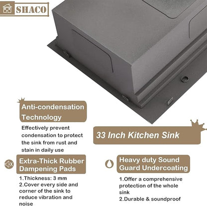 SHACO 33x22 Black Drop In Kitchen Sink, 33 Inch Topmount Gunmetal Black Stainless Steel Single Bowl Overmount Double Ledges Workstation Sink with Accessories