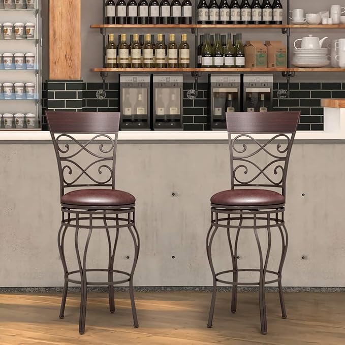 WATERJOY Retro Bar Chairs Set of 2, 360 Degree Swivel Padded Bar Stools Leather Seat Bistro Dining Kitchen Pub Metal Chairs
