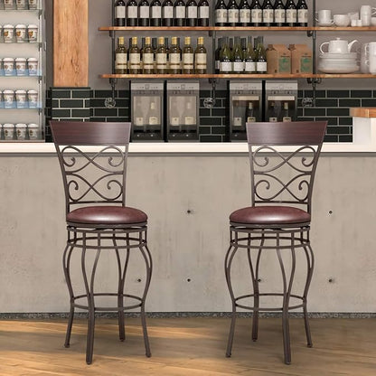 WATERJOY Retro Bar Chairs Set of 2, 360 Degree Swivel Padded Bar Stools Leather Seat Bistro Dining Kitchen Pub Metal Chairs