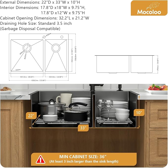 Mocoloo 33 Black Drop In Kitchen Sink 33x22 Inch Gunmetal Black Stainless Sink Double Bowl 60/40 Topmount 16 Gauge Kitchen Sink Handmade Basin