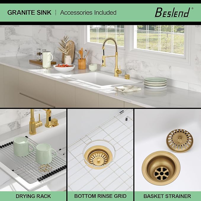 33 Granite Composite Kitchen Sink - Beslend 33x22 Inch Drop In Granite Kitchen Sink Topmount White Quartz Sinks Classic Above Counter Single Bowl Basin