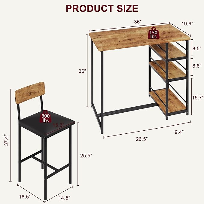 Bar Table and Chair Set with Three Shelves Small 2-Person Dining Table with 2 Upholstered Stools with Backrests Suitable for Restaurants and Bistros -Vintage Color