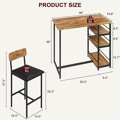 Bar Table and Chair Set with Three Shelves Small 2-Person Dining Table with 2 Upholstered Stools with Backrests Suitable for Restaurants and Bistros -Vintage Color