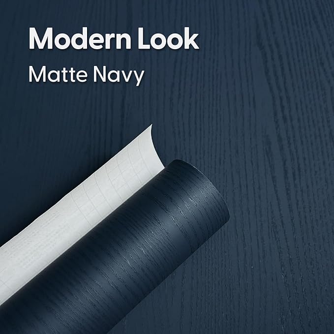 Peel and Stick Navy Blue Wood Contact Paper 17.3" x 118" Thick Waterproof Vinyl Wallpaper Roll Self Adhesive Modern Matte Wood Grain Decor Removable Film for Kitchen Countertops Cabinets