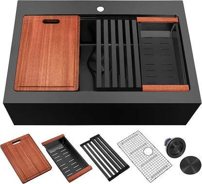 Rhbamoa 33 Inch Black Farmhouse Sink,16 Gauge T304 Black Single Bowl Apron Front Kitchen Farm Sink,10 Inch Depth Topmount Farmhouse Sinks with All Accessories