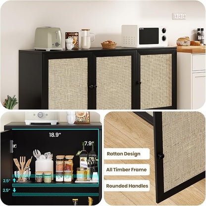 FONTOI Rattan Entryway Table, Entertainment Center with Adjustable Shelf, Sideboard Buffet Cabinet with 3 Rattan Doors, Modern Console Cabinet with Large Storage for Living Room, Kitchen, Black