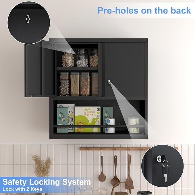 Metal Garage Cabinets, Lockable Storage Cabinet, Metal Cabinet with Open Storage, Upper Tool Cabinet for Basement, Wall Mounted Cabinets for Shop