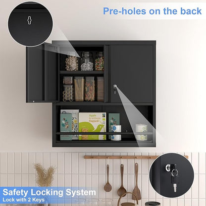 Metal Garage Cabinets, Lockable Storage Cabinet, Metal Cabinet with Open Storage, Upper Tool Cabinet for Basement, Wall Mounted Cabinets for Shop