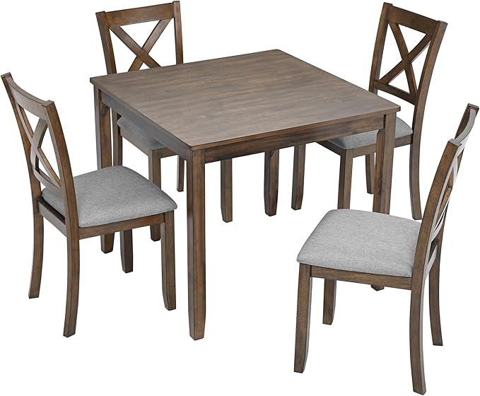 5-Piece Solid Wood Dining Table Set with 4 Upholstered Chairs, Square Kitchen Table Set for 4, Modern Dining Room Table and Chairs Set of 4 for Kitchen and Dining, Walnut