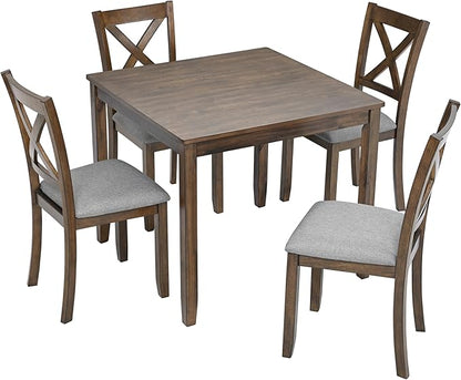 5-Piece Solid Wood Dining Table Set with 4 Upholstered Chairs, Square Kitchen Table Set for 4, Modern Dining Room Table and Chairs Set of 4 for Kitchen and Dining, Walnut