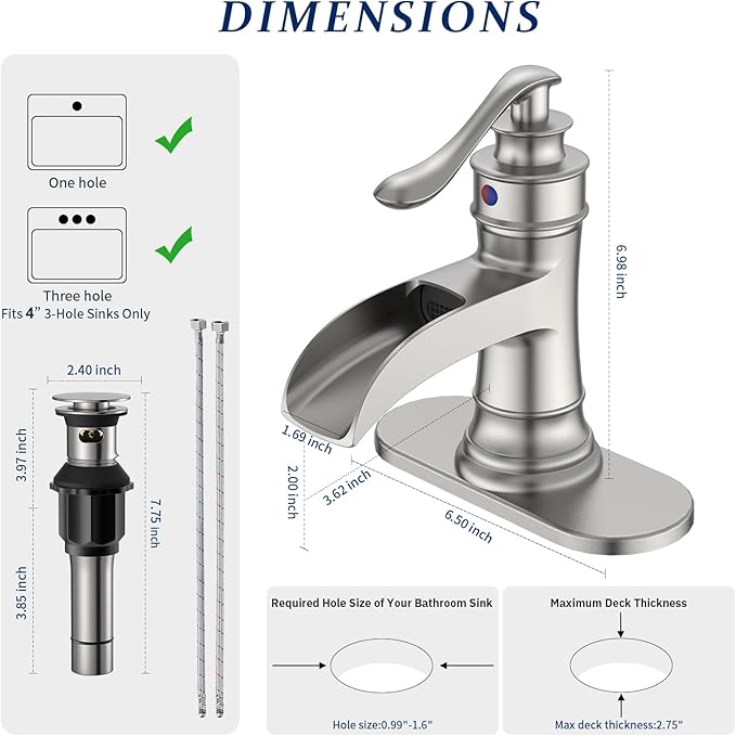 BWE Bathroom Faucet Brushed Nickel Waterfall Single Hole Matching Pop Up Drain Stopper Handle Sink Faucets Bath Vanity Lavatory Vessel Commercial Satin with Water Supply Hose