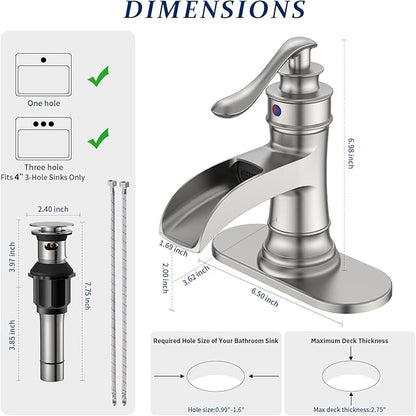 BWE Bathroom Faucet Brushed Nickel Waterfall Single Hole Matching Pop Up Drain Stopper Handle Sink Faucets Bath Vanity Lavatory Vessel Commercial Satin with Water Supply Hose