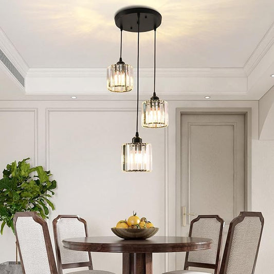 Crystal Pendant Lights Round Ceiling,Modern Crystal Chandeliers Hanging Light Fixture for Kitchen Island,Adjustable Chandelier for Dining Room,Foyer,Living Room Entryway Black 3 Lights