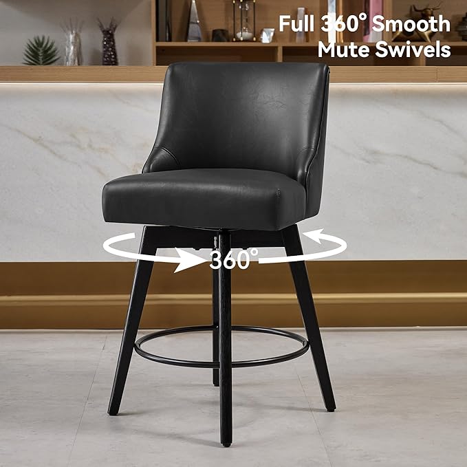 Vipbear Counter Height Bar Stools Set of 4, 26" H Swivel Bar Stools with Backs, PU Leather Upholstered Bar Chairs with Solid Wood Legs for Kitchen Island, Dining Room, Home Bar, Black