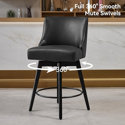 Counter Height Bar Stools Set of 4, Swivel Barstools with Backs and Wood Legs, Faux Leather Upholstered Counter Stools for Kitchend Island, Mid-Century Modern 26" Seat Height Bar Chairs, Black