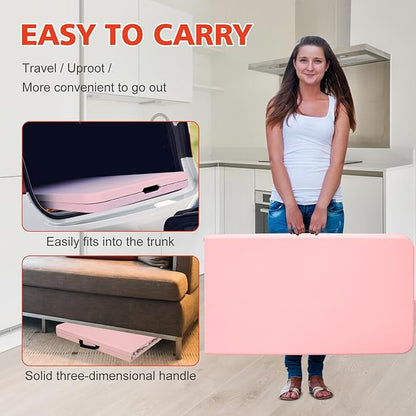 Portable 8Ft Plastic Folding Table, Heavy Duty 8ft Fold-in-Half Table with Carrying Handle, 8' Folding Utility Foldable Table for Picnic Party Camping Kitchen, Indoor/Outdoor (Pink)