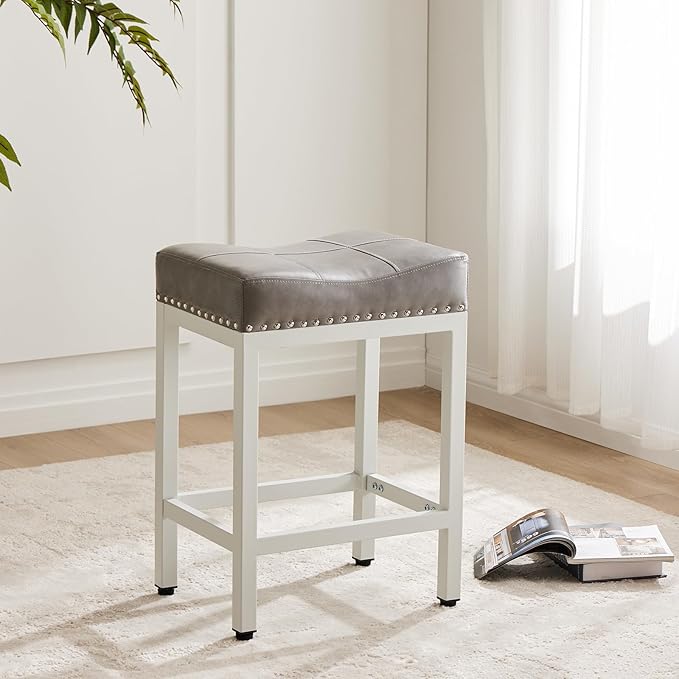 Sweetcrispy 24 inch Bar Stools Set of 4, Upholstered Modern Counter Height Bar Stools for Kitchen Island Modern PU Leather Sadless Stools Chair with Metal Base and Footrest,Grey