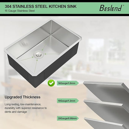27 Inch Undermount Kitchen Sink - Beslend 27x18x10 Inch Undermount Sinks Stainless Steel 16 Gauge Under Counter Sink Single Bowl Kitchen Sinks