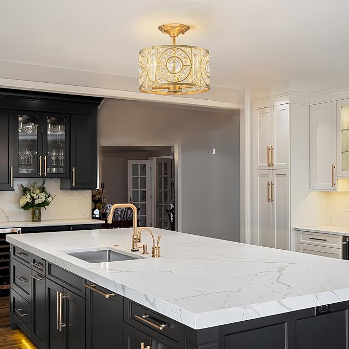Semi Flush Mount Chandelier for Dining Room, 3-Lights Vintage Crystal Round Chandelier, Gold Retro Semi-Flush Mount Ceiling Lights Fixture for Living Room Bedroom Kitchen Hallway Foyer