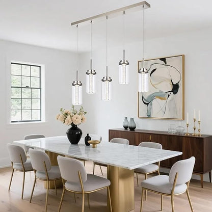 MELUCEE 5-Lights Led Chandelier, Kitchen Island Lighting Brushed Nickel Linear Chandelier with Clear Glass Shade, Large Pendant Lighting for Dining Room Over Table, 3000K-6000K Adjustable, 25W