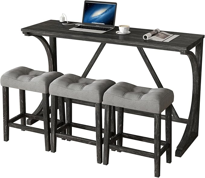 HMFULE 4 Piece Bar Table Set with Power Outlet, 59'' Dining Bar Table and Chairs Set, Industrial Breakfast Table with 3 Padded Stools for Living Room Dining Room Game Room Grey Black