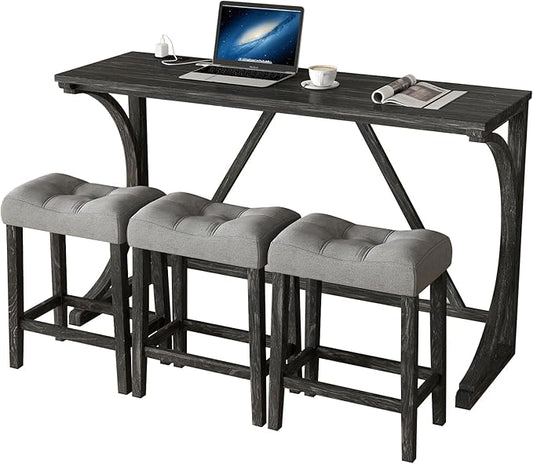 HMFULE 4 Piece Bar Table Set with Power Outlet, 59'' Dining Bar Table and Chairs Set, Industrial Breakfast Table with 3 Padded Stools for Living Room Dining Room Game Room Grey Black