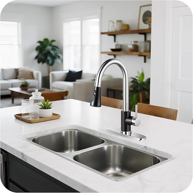 Kitchen Faucet with Pull Down Sprayer - Black & Chrome Single Handle Kitchen Faucets, High Arc Stainless Steel Pull Out Kitchen Sink Faucet with Deck for RV Laundry Farmhouse Bar