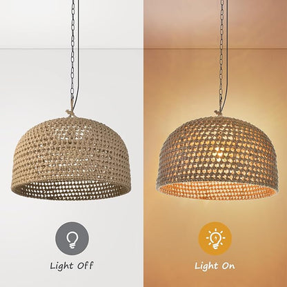 Arturesthome Rustic Woven Dome Pendant Light, Hemp Rope Basket Lampshade Coastal Hanging Lighting Fixture, Adjustable Vintage Farmhouse Chandelierfor Kitchen Island Dining Table Room W 21.6"*H 13.7"