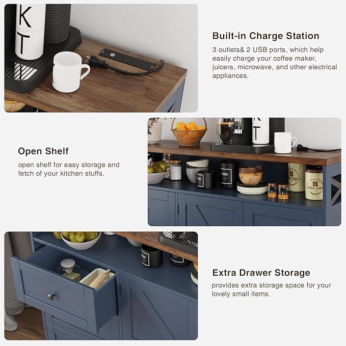 Befrases Farmhouse Buffet Cabinet with Drawers & Open Shelf, Sideboard with Storage, Kitchen Pantry Cabinet Hutch, Coffee Bar Station for Kitchen, Livingroom, 47" L Blue
