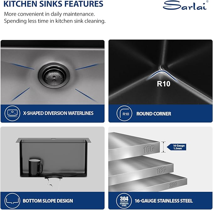 Sarlai Drop Bar Sink - 18 Inch Black Outdoor Kitchen Sink Gunmetal Black Drop In Workstation 18 x 18 Topmount Stainless Steel 16 Gauge Single Bowl Kitchen Bar Prep RV Outdoor Sinks Basin