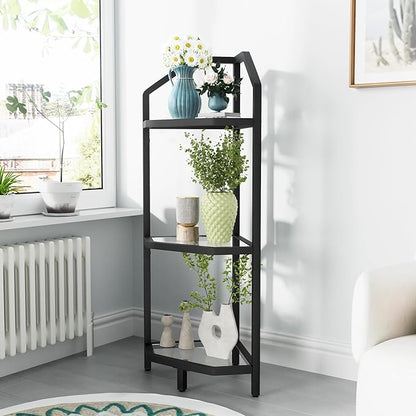 3-Tier Corner Shelf Stand, Black Corner Bookshelf, Bathroom Storage Rack Shelf, Plant Rack, Tempered Glass, Steel Frame, Modern Style for Living Room, Bathroom, Kitchen, Metallic Black