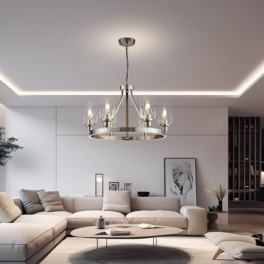 Lanhall 6-Light Modern Dining Room Light Fixture Brushed Nickel Kitchen Chandelier Ceiling Hanging Pendant Lighting with Glass Shade for Living Room Bedroom Entryway Adjustable Height Metal E26