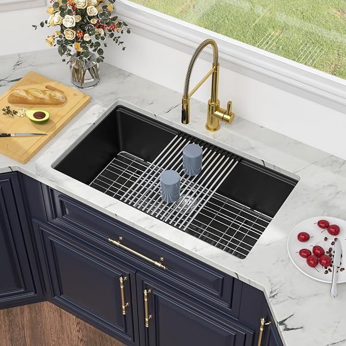 Kichae 32 inch Granite Composite Undermount Kitchen Sink - 32 x 19 Single Bowl Kitchen Sink Matte Black Quartz Workstation