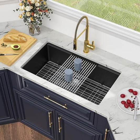 Kichae 32 inch Granite Composite Undermount Kitchen Sink - 32 x 19 Single Bowl Kitchen Sink Matte Black Quartz Workstation