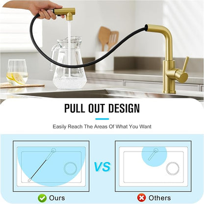 CREA Gold Kitchen Faucet with Pull Down Sprayer - Bathroom & Utility Sink Faucet - Single Handle, 3 or 1 Hole