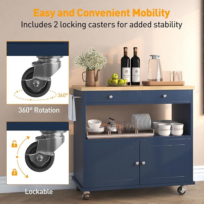 knoworld Rolling Kitchen Island with Storage Cabinet, 35.4'' Width Kitchen Cart, 2 Drawers Island Table, Portable Mobile Kitchen Island with Towel Rack, Wood Top and Lockable Wheels, Blue