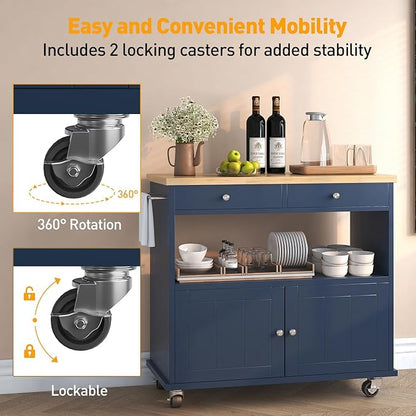 knoworld Rolling Kitchen Island with Storage Cabinet, 35.4'' Width Kitchen Cart, 2 Drawers Island Table, Portable Mobile Kitchen Island with Towel Rack, Wood Top and Lockable Wheels, Blue