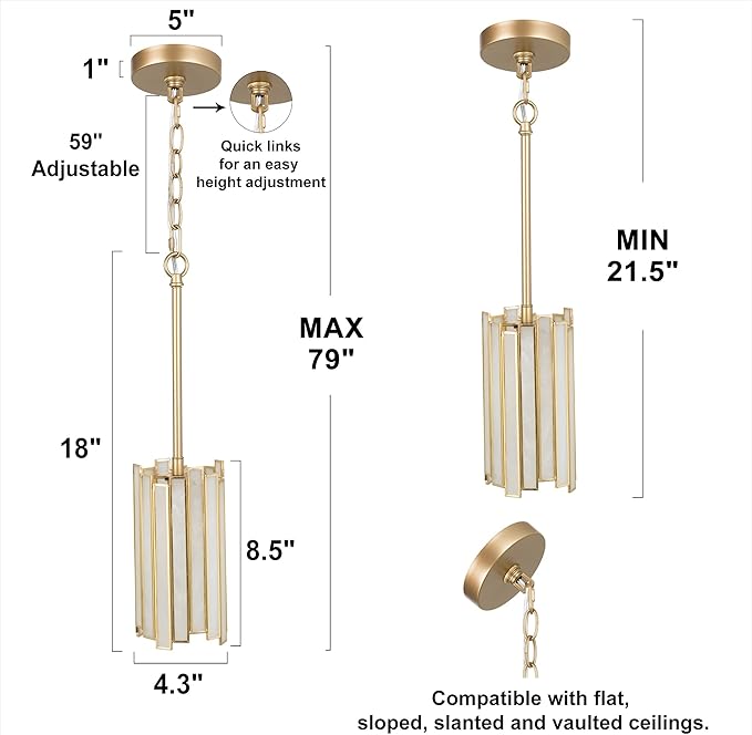 Durent Lighting Gold Pendant Lighting, Modern Cylinder Hanging Light Fixture with White Glass Shade for Kitchen Island, Entryway, Foyer, Dining Room and Bedroom