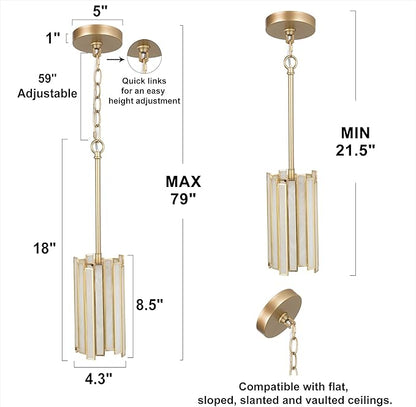 Durent Lighting Gold Pendant Lighting, Modern Cylinder Hanging Light Fixture with White Glass Shade for Kitchen Island, Entryway, Foyer, Dining Room and Bedroom