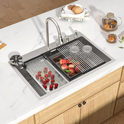 33 Inch Drop-In Single Bowl Kitchen Sink with Faucet, 16 Gauge 304 Stainless Steel Workstation All-In One Sink with Waterfall & Rainfall Outlet, Five-Hole Design, Cup Washer #TLWF-0026