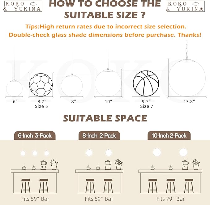 KoKo&Yukina 13.7 Inch Nickel Globe Pendant Light Adjustable Globe Pendant Lights Kitchen Island Mid Century Light Fixture with Milky White Glass Shade for Living Room