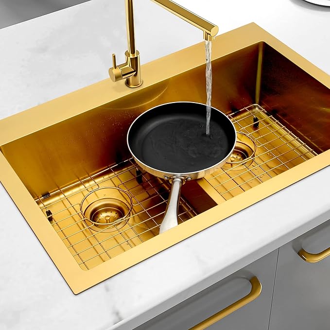 LQS Gold Kitchen Sink 33x22, 33 Inch Drop In Kitchen Sink Double Bowl, Handmade Deep & Large Stainless Steel Kitchen Sink with Low-Divider