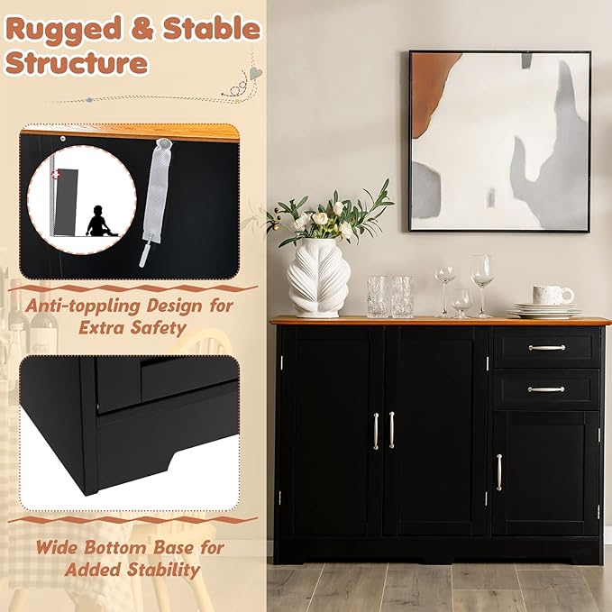 LOKO Buffet Cabinet With Storage, Modern Bar With 3 Doors, 2 Drawers & Adjustable Shelf, Kitchen Sideboard Console Table for Living Room, 43.5 x 16 x 31 Inches (Black)