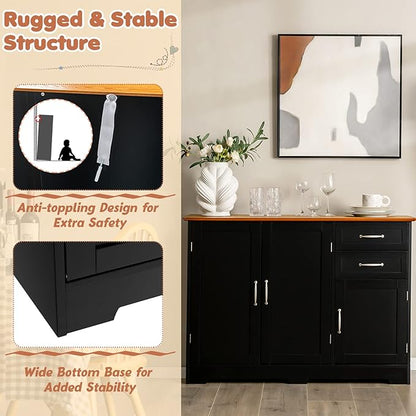 LOKO Buffet Cabinet With Storage, Modern Bar With 3 Doors, 2 Drawers & Adjustable Shelf, Kitchen Sideboard Console Table for Living Room, 43.5 x 16 x 31 Inches (Black)