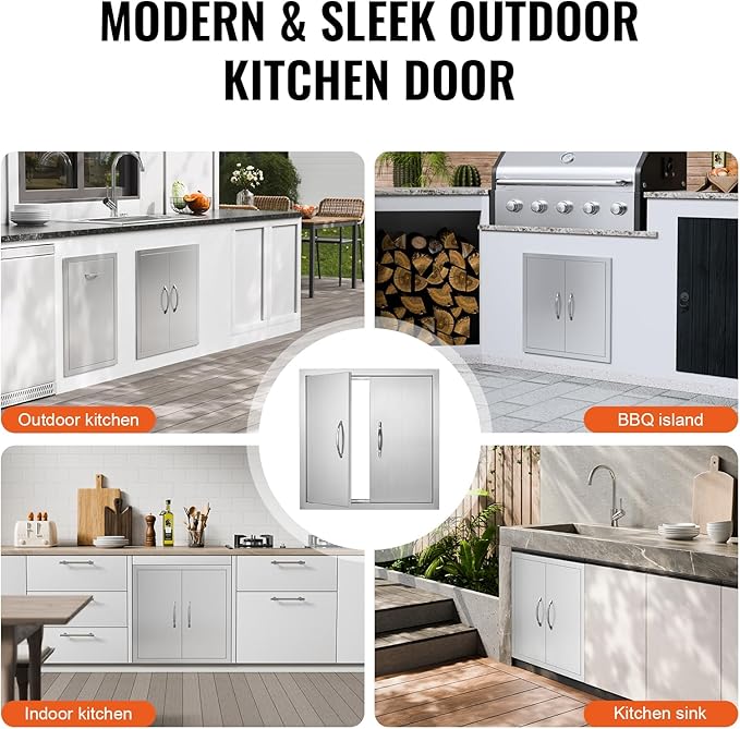VEVOR BBQ Access Door, 24W x 24H Inch Double Outdoor Kitchen, Stainless Steel Flush Mount Door, Double Wall Vertical with Handles and Hooks, for BBQ Island, Grilling Station, Outside Cabinet