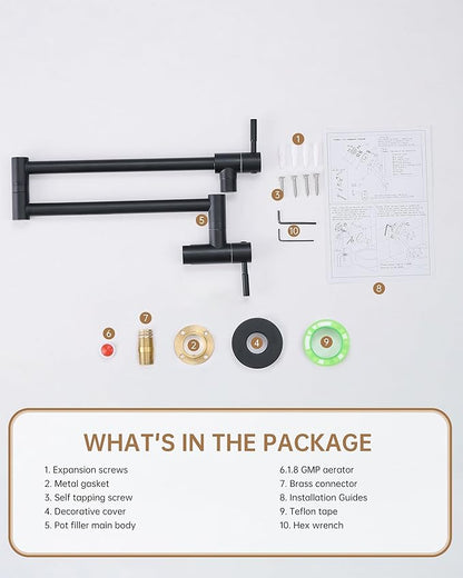 Fransiton Matte Black Pot Filler, Pot Filler Faucet Wall Mount, Brass Folding Stretchable with Double Joint Swing Arm Single Hole Two Handles Kitchen Restaurant