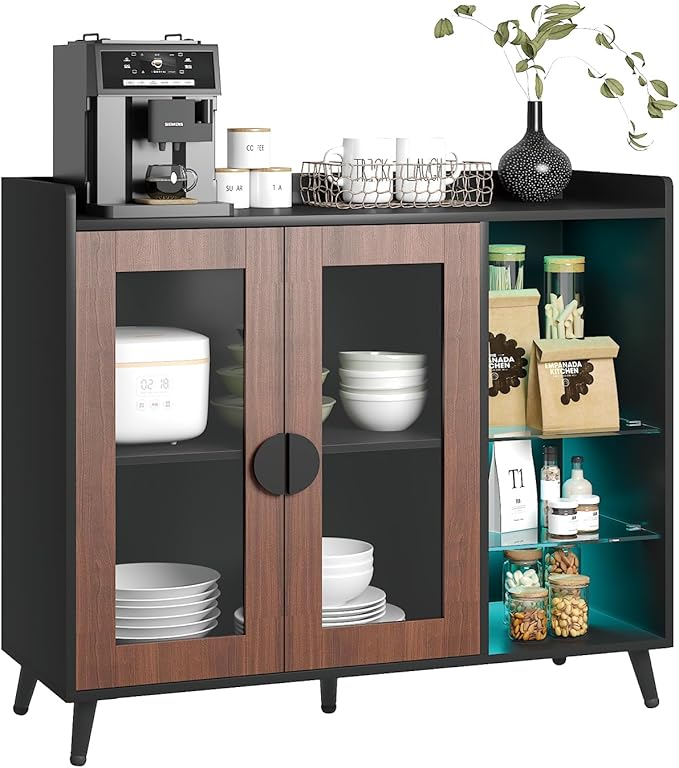 HedoAjim Sideboard Buffet Cabinet with Storage, Farmhouse Buffet Table Coffee Bar Storage Cabinet with 4 Doors, 3 Drawers and Shelves, Sideboard for Dining Room Kitchen (Brown)